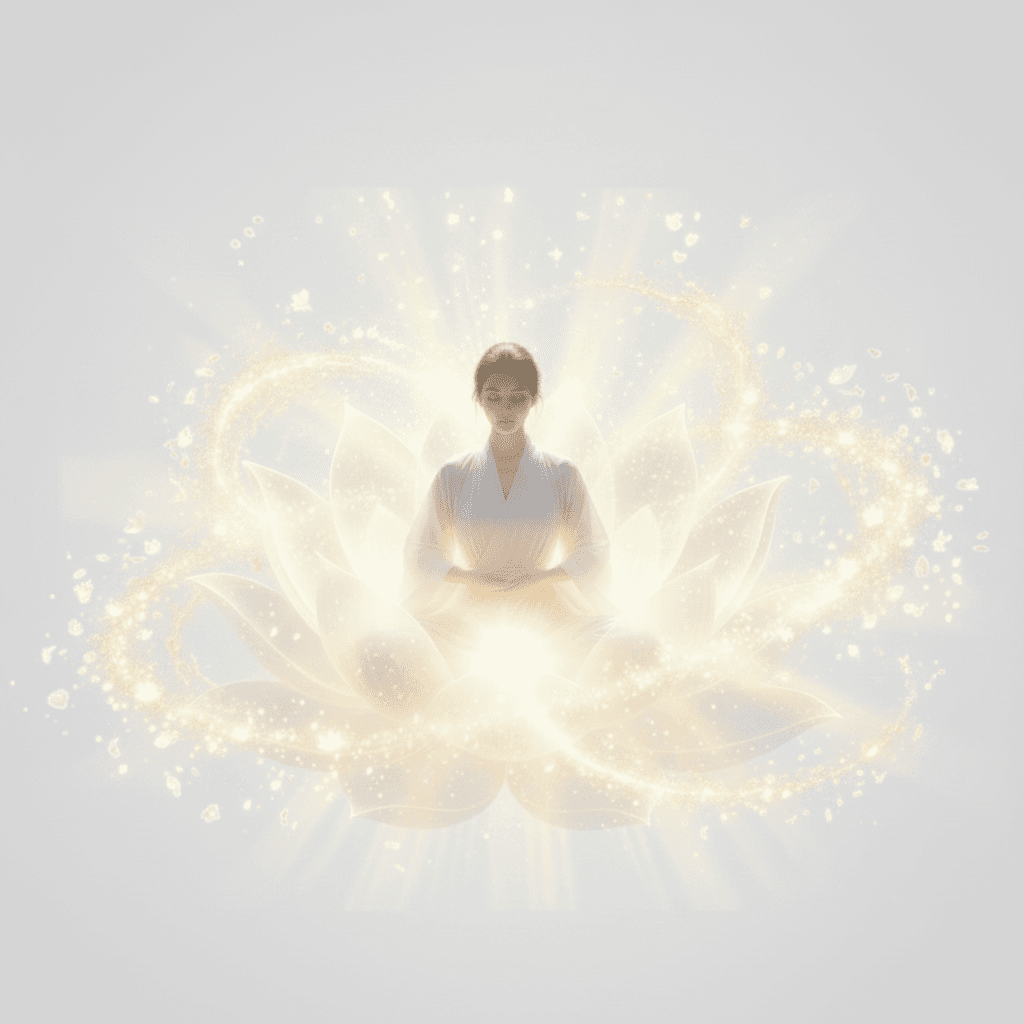 Meditating figure seated on a light flower with circular beams of tiny light flowers radiating outward on a light gray background
