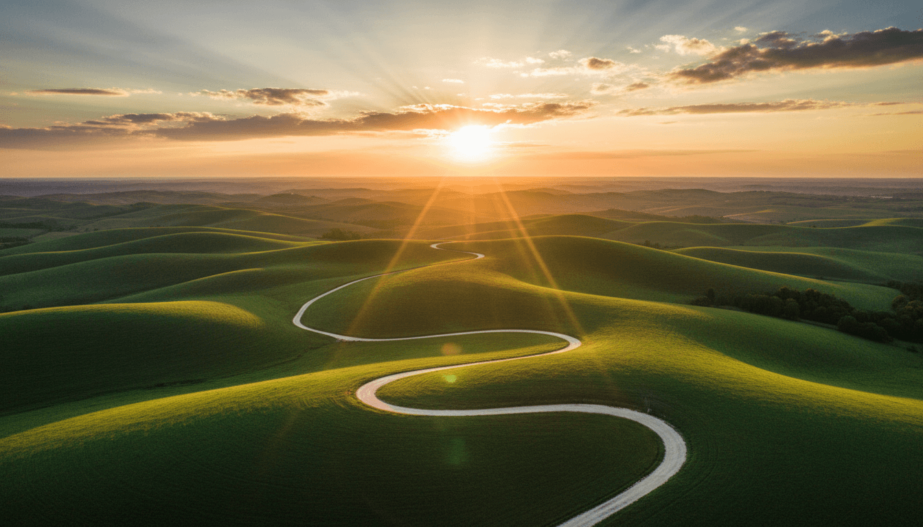 Radiant landscape path leading toward a golden sunrise on the horizon