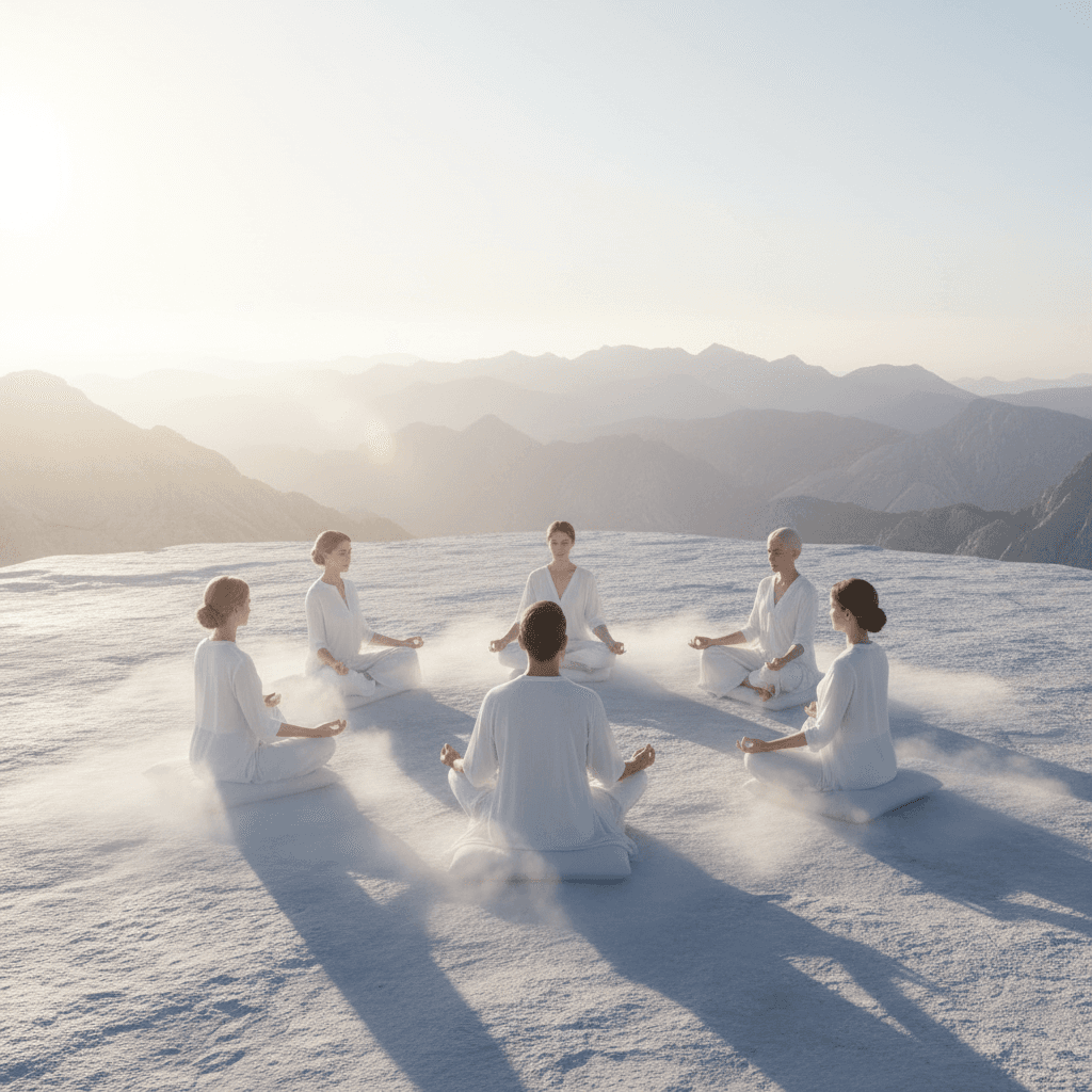 Serene sages meditating together on a mountain top at sunrise